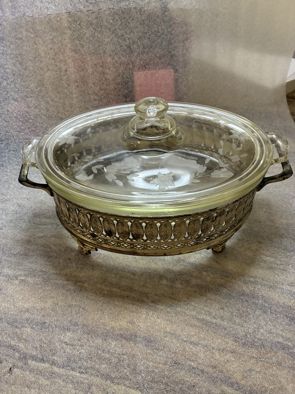Pyrex Clear Etched Glass Covered Casserole Dish with Brass Tone Holder